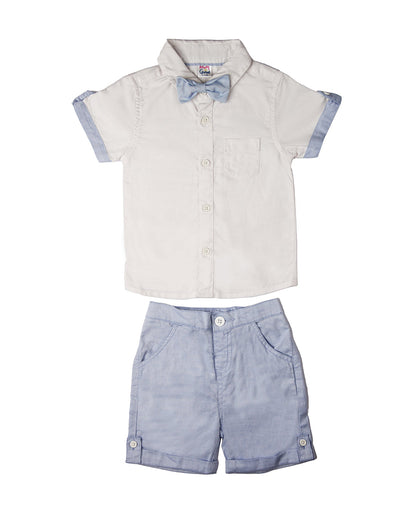 Kicks & Crawl Blue & White Shirt & Shorts-Solid-Cotton-For Infants