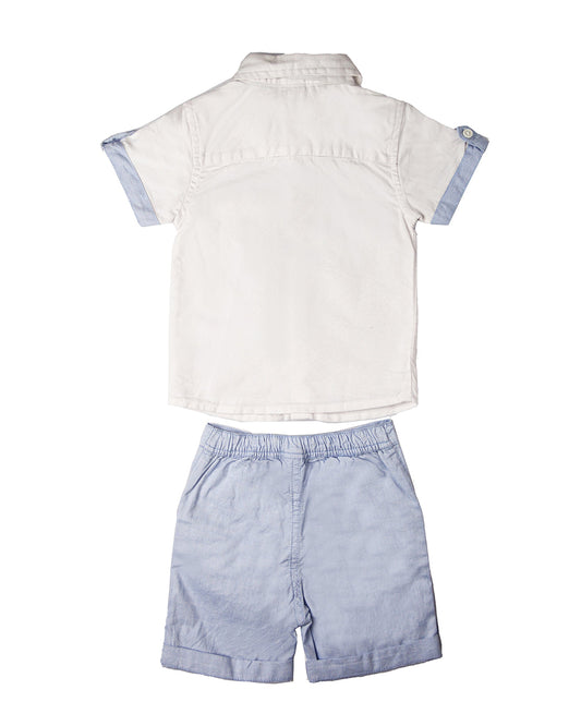 Kicks & Crawl Blue & White Shirt & Shorts-Solid-Cotton-For Infants