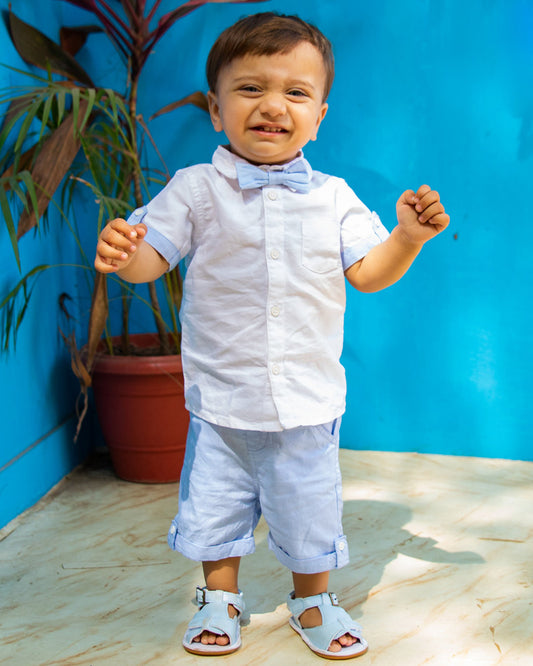 Kicks & Crawl Blue & White Shirt & Shorts-Solid-Cotton-For Infants