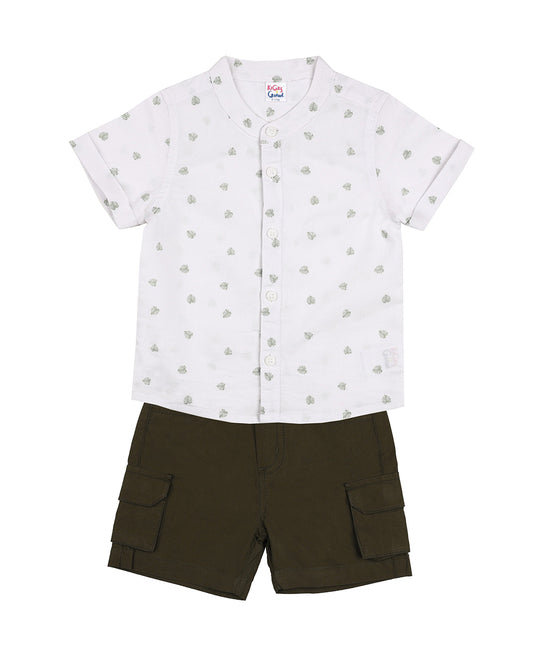 Kicks & Crawl White & Olive Shirt & Shorts-Outdoor Buddy-Cotton-For Infants