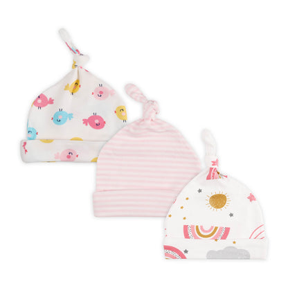 Kicks & Crawl White & Pink Caps-Little Bird-Cotton-Pack of 3-For Infants