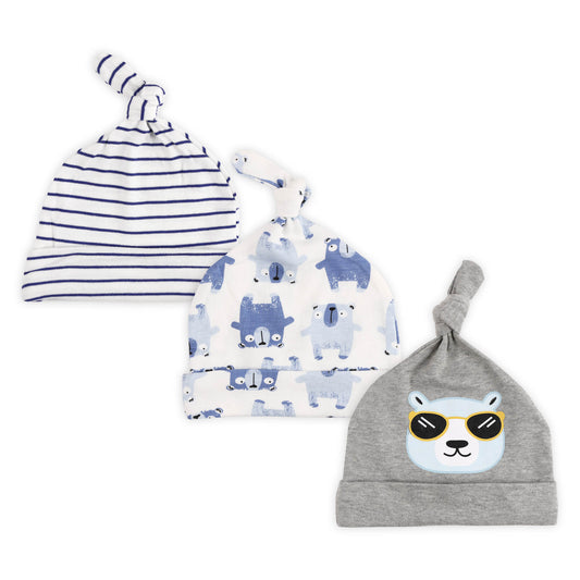 Kicks & Crawl Blue & Grey Caps-Baby Bear-Cotton-Pack of 3-For Infants