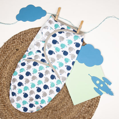 Kicks & Crawl Light Blue Whales-Velcro-Ready Swaddle-100% Cotton-Infant Wraps