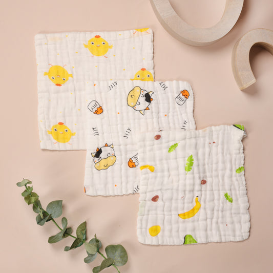 Kicks & Crawl 100% Cotton Wash Cloth-Super Absorbent-Moo Moo-Pack of 3-For Infants