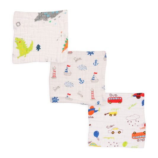 Kicks & Crawl 100% Cotton Wash Cloth-Super Absorbent-Adventure Land-Pack of 3-For Infants