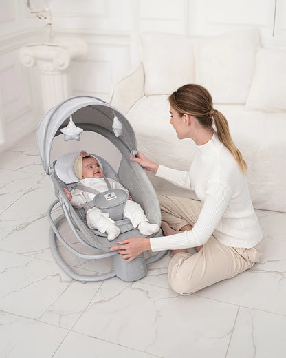 Mastela Deluxe 4 in 1 Swing & Rocker-15 Melodies-Backrest with Full Recline-Upto 9 Kg-For Infants-Grey