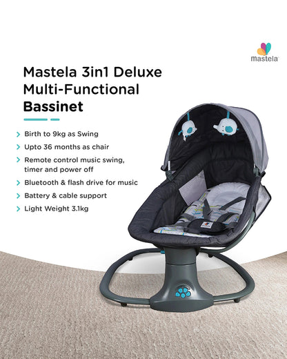 Mastela 3 in 1 Deluxe Multi Function Swing-Mutli Position Recline-Canopy with Integrated Mosquito Net-3 Timer Settings & 15 Melodies with Volume Control-Upto 18 Kg-For Infants-Teal