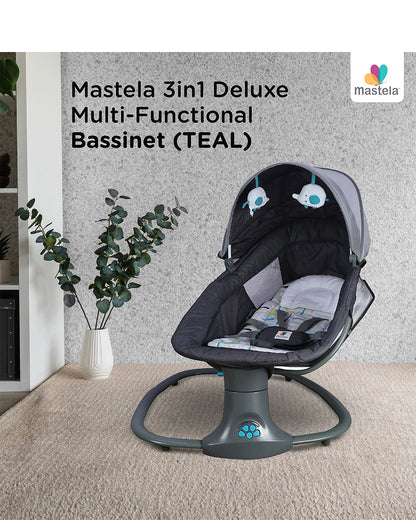 Mastela 3 in 1 Deluxe Multi Function Swing-Mutli Position Recline-Canopy with Integrated Mosquito Net-3 Timer Settings & 15 Melodies with Volume Control-Upto 18 Kg-For Infants-Teal