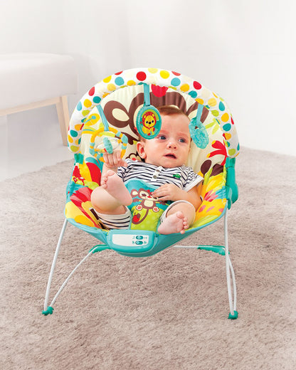 Mastela Music Vibrations Bouncer-With Removable Plaything Bar-3 Point Harness-For Infants-Jungle