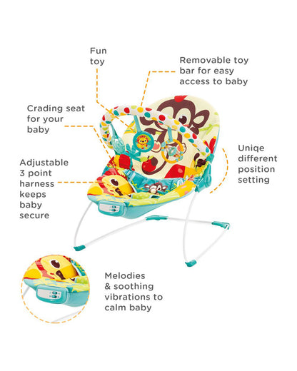 Mastela Music Vibrations Bouncer-With Removable Plaything Bar-3 Point Harness-For Infants-Jungle