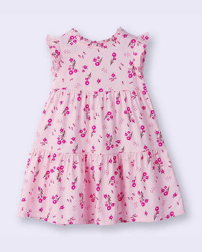 Beebay Pink Frock Dress-Tiered Floral-Cotton-For Infants