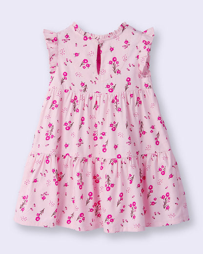 Beebay Pink Frock Dress-Tiered Floral-Cotton-For Infants