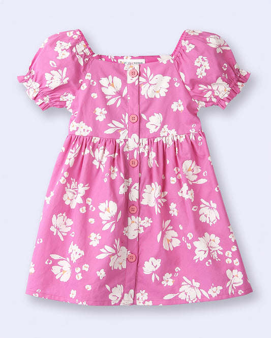 Beebay Fuchsia Pink Dress-Floral -Cotton-For Infants