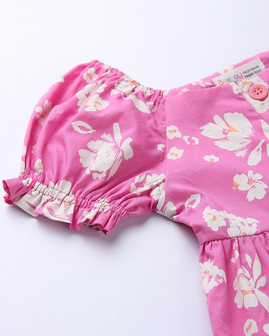 Beebay Fuchsia Pink Dress-Floral -Cotton-For Infants