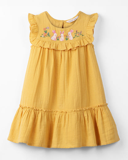 Beebay Yellow Frock Dress-Bunny Embroidered-Cotton-For Infants