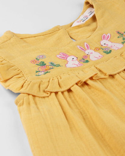 Beebay Yellow Frock Dress-Bunny Embroidered-Cotton-For Infants