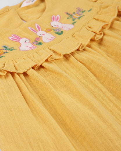 Beebay Yellow Frock Dress-Bunny Embroidered-Cotton-For Infants