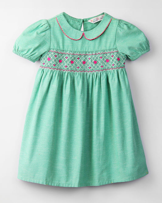 Beebay Green Frock Dress-Solid-Cotton-For Infants