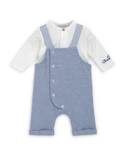 Chicco Blue & White Dungaree-Set-Solid-Cotton-For Infants