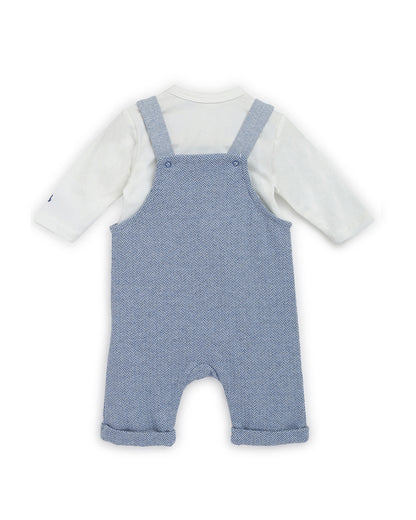 Chicco Blue & White Dungaree-Set-Solid-Cotton-For Infants