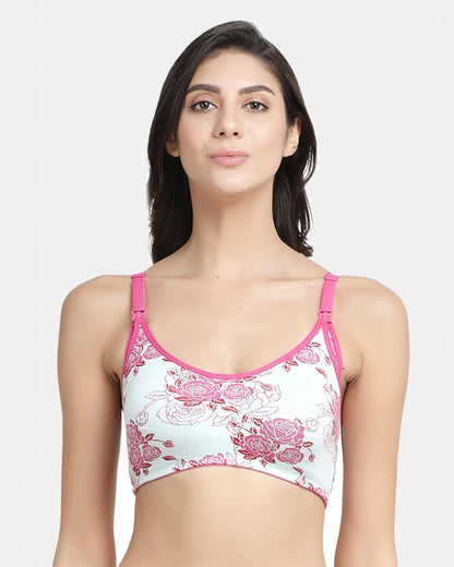 Inner Sense Organic Cotton Bamboo Feeding Bra-Pink Floral Print-Wire Free & Non Padded-Front Clasps-Full Coverage-For Nursing