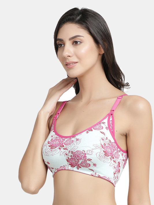 Inner Sense Organic Cotton Bamboo Feeding Bra-Pink Floral Print-Wire Free & Non Padded-Front Clasps-Full Coverage-For Nursing