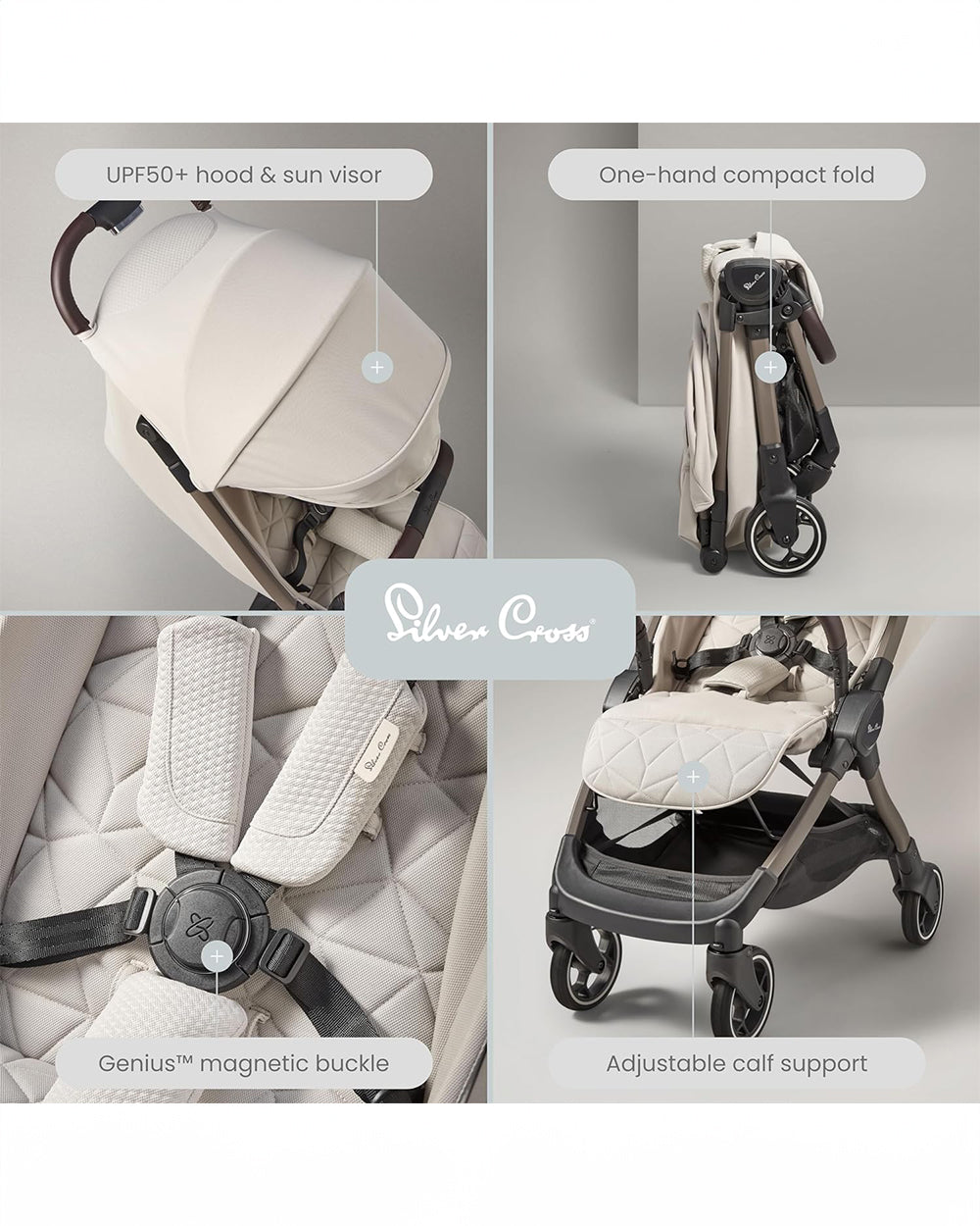 Silver Cross Clic Cabin Friendly Stroller-One Hand Fold-Flat Reclining Seat-Includes Rain Cover-2 Years Warranty-Pram for to 4Y (Upto 22 Kg)-Almond