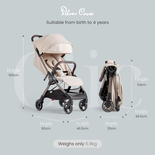 Silver Cross Clic Stroller-With Snack Tray & Rain Cover-Cabin Friendly-One Hand Fold-For 0 to 4Y (Upto 22 kg)-Almond