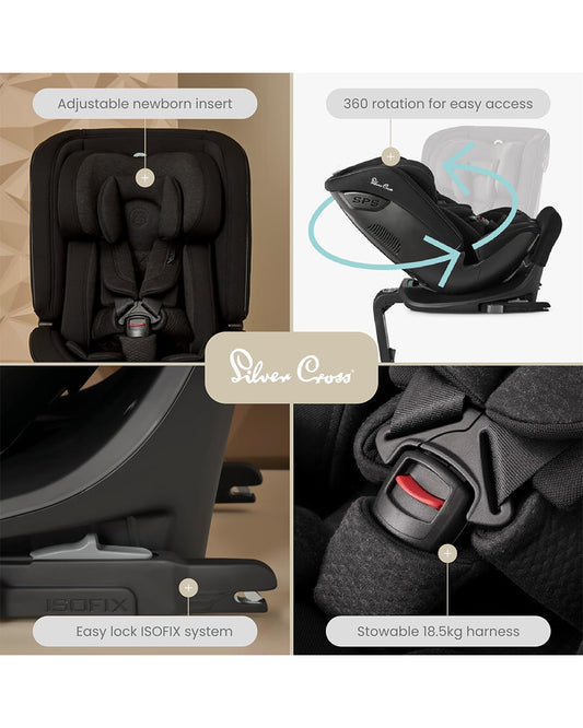 Silver Cross Motion All Size 360 Baby Convertible Car Seat-Easy Lock ISOFIX-R129 Certified-360 Degree Rotation-For 0M+ (Upto 12Y)-Space