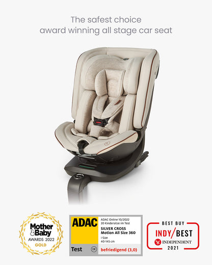 Silver Cross Motion All Size 360 Baby Convertible Car Seat-Easy Lock ISOFIX-R129 Certified-360 Degree Rotation-For 0M+ (Upto 12Y)-Almond