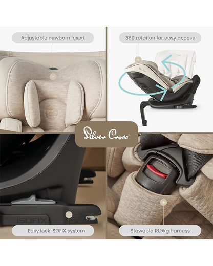 Silver Cross Motion All Size 360 Baby Convertible Car Seat-Easy Lock ISOFIX-R129 Certified-360 Degree Rotation-For 0M+ (Upto 12Y)-Almond