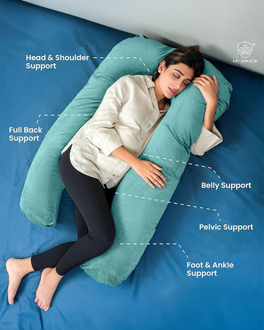 MY ARMOR U Shaped Pregnancy Pillow-Full Body-Aqua Green-Microfibre-Premium Velvet Outer Cover-For Maternity