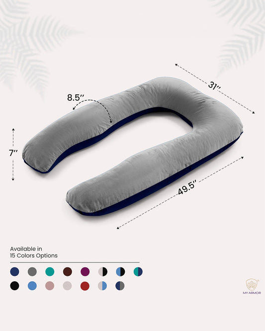 MY ARMOR U Shaped Pregnancy Pillow-Full Body-Grey & Navy Blue-Microfibre-Premium Velvet Outer Cover-For Maternity