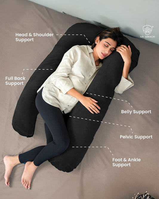 MY ARMOR U Shaped Pregnancy Pillow-Full Body-Black-Microfibre-Premium Velvet Outer Cover-For Maternity