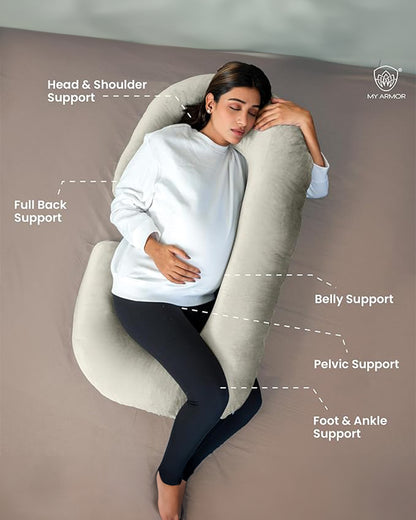 MY ARMOR C Shaped Pregnancy Pillow-Full Body-Cream+Black-Microfibre-Premium Velvet Outer Cover-For Maternity