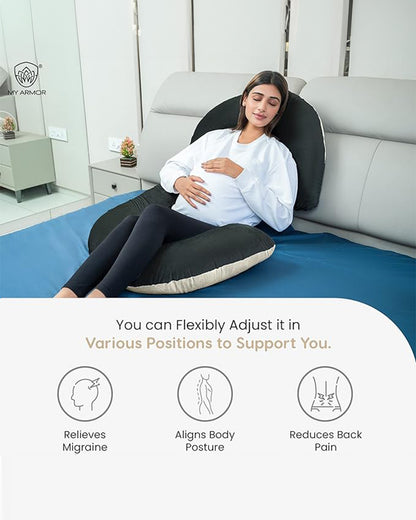 MY ARMOR C Shaped Pregnancy Pillow-Full Body-Cream+Black-Microfibre-Premium Velvet Outer Cover-For Maternity