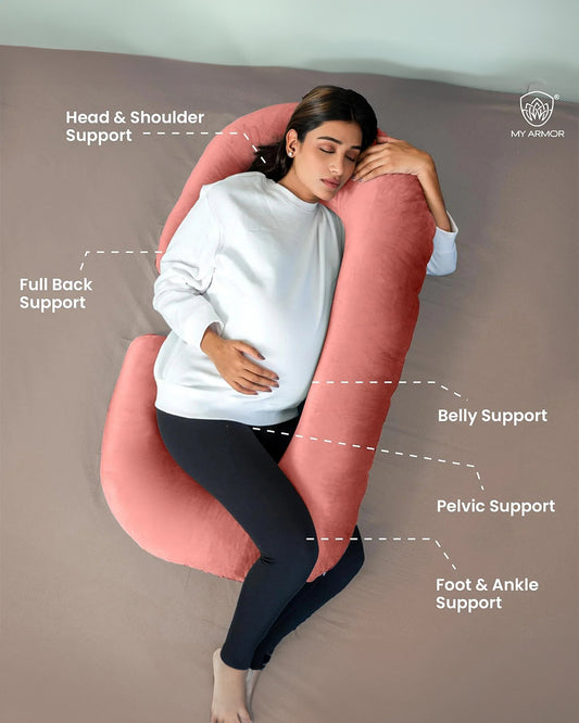 MY ARMOR C Shaped Pregnancy Pillow-Full Body-Peach-Microfibre-Premium Velvet Outer Cover-For Maternity