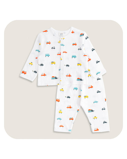 BabyCo Organics White & Multicolor Nightsuit-Vroom Vroom-Organic Cotton-For Infants