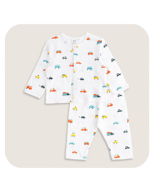 BabyCo Organics White & Multicolor Nightsuit-Vroom Vroom-Organic Cotton-For Infants