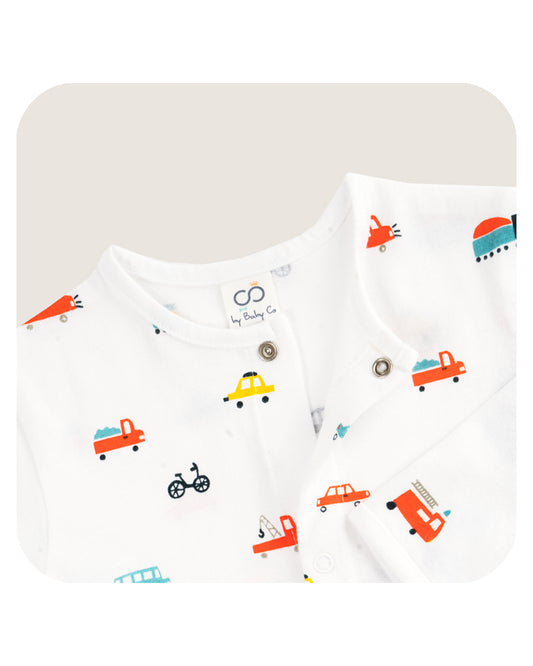 BabyCo Organics White & Multicolor Nightsuit-Vroom Vroom-Organic Cotton-For Infants