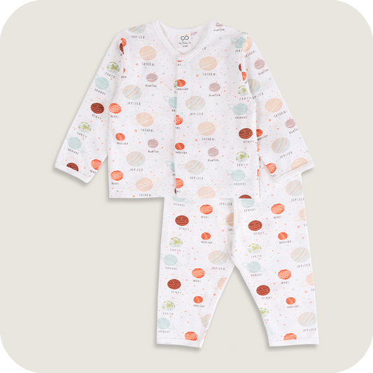 BabyCo Organics White & Multicolor Nightsuit-Space Dreams-Organic Cotton-For Infants