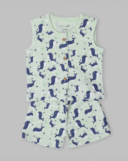 BabyCo Organics Light Green & Blue Jhabla Set-Underwater-Organic Cotton-Pack of 2-For Infants