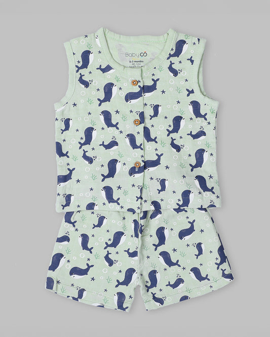 BabyCo Organics Light Green & Blue Jhabla Set-Underwater-Organic Cotton-Pack of 2-For Infants