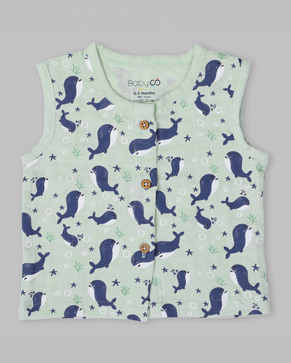 BabyCo Organics Light Green & Blue Jhabla Set-Underwater-Organic Cotton-Pack of 2-For Infants