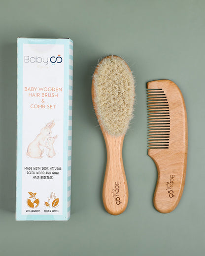 BabyCo Organics Wooden Baby Hair Brush & Comb Set Brown