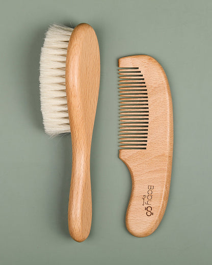 BabyCo Organics Wooden Baby Hair Brush & Comb Set Brown