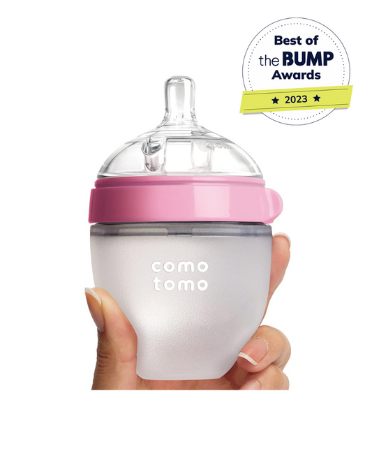 Comotomo Wide Neck Silicone Feeding Bottle-Global Award Winner-With Slow Flow Nipple-0 to 3M-Dual Anti Colic Vent-150 ml-Pink