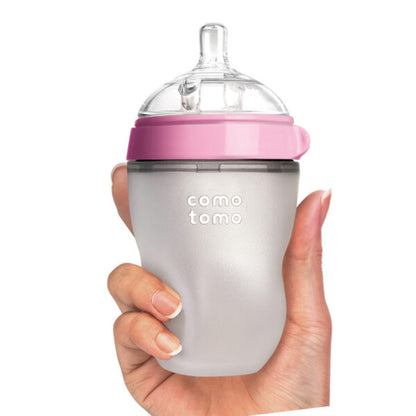 Comotomo Wide Neck Silicone Feeding Bottle-Global Award Winner-With Medium Flow Nipple-3 to 6M-Dual Anti Colic Vent-250 ml-Pink