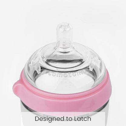 Comotomo Wide Neck Silicone Feeding Bottle-Global Award Winner-With Medium Flow Nipple-3 to 6M-Dual Anti Colic Vent-250 ml-Pink