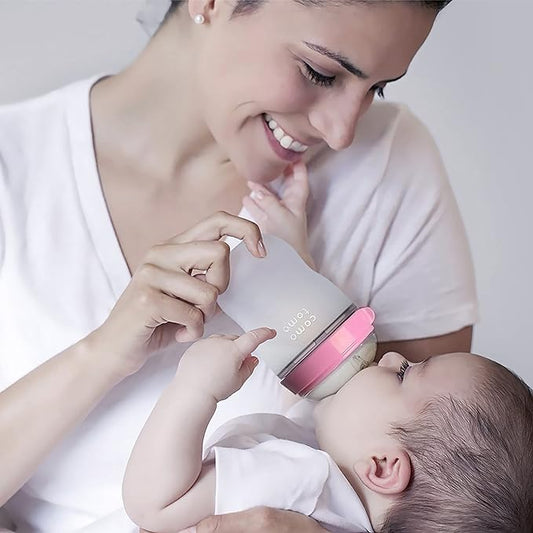 Comotomo Wide Neck Silicone Feeding Bottle-Global Award Winner-With Slow Flow Nipple-0 to 3M-Dual Anti Colic Vent-150 ml-Pink